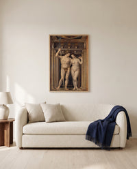 Neptune and Amphitrite by Jan Gossaert framed in natural oak above a cream sofa in a warm living room