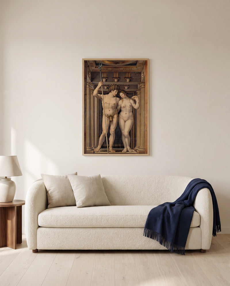 Neptune and Amphitrite by Jan Gossaert framed in natural oak above a cream sofa in a warm living room