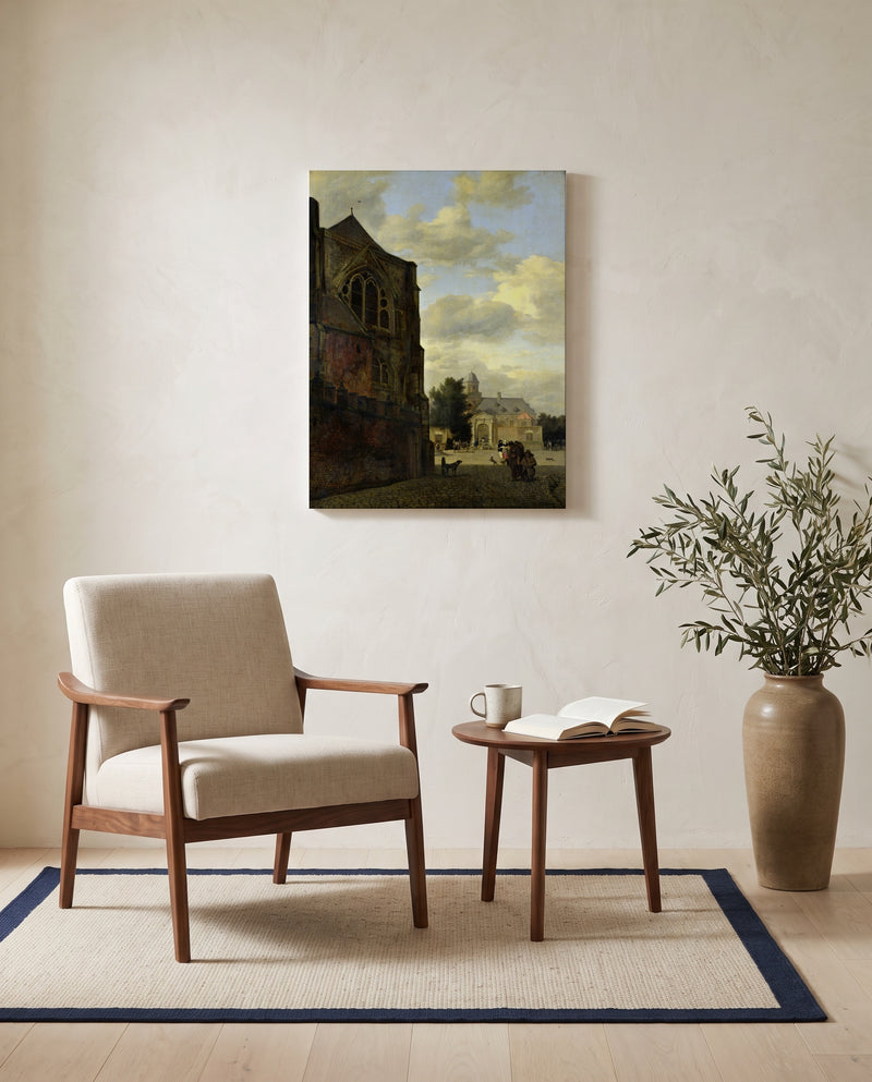 View of Nijenrode Castle by Jan van der Heyden as a stretched canvas above a linen lounge chair in a reading corner