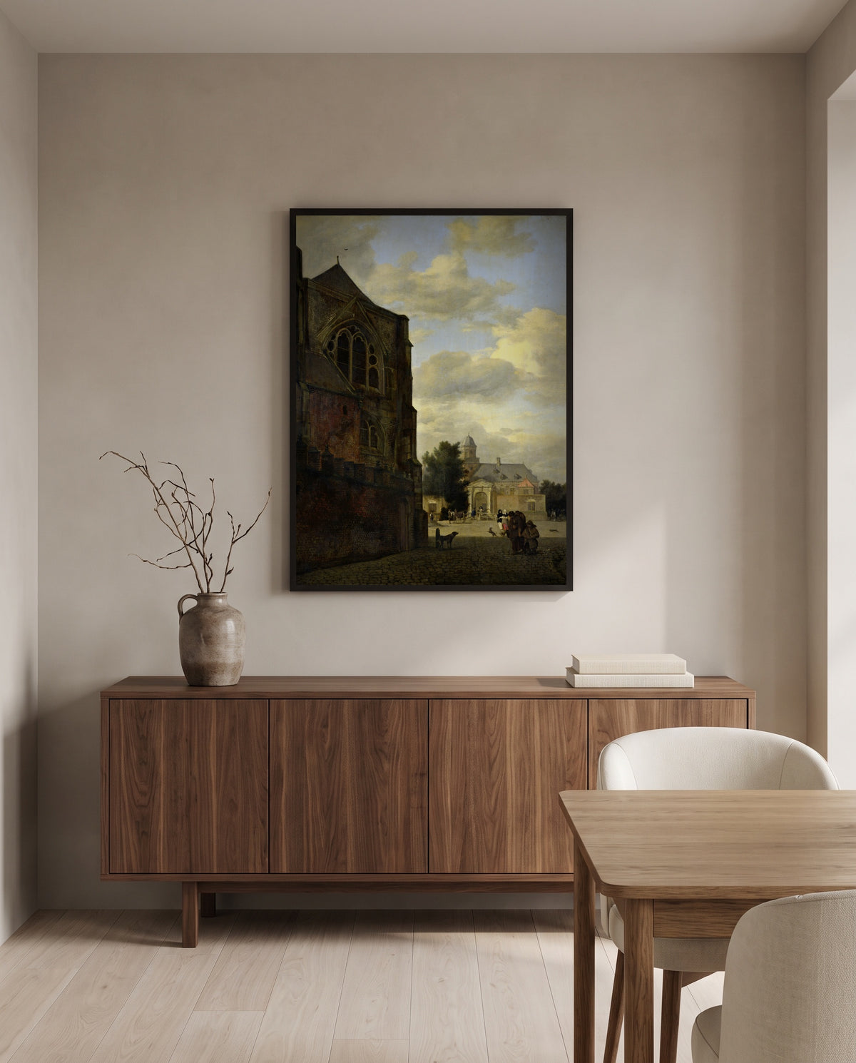 View of Nijenrode Castle by Jan van der Heyden in a black frame above a walnut sideboard in a dining room