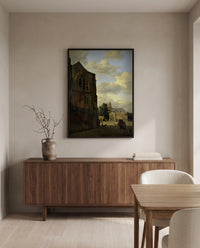View of Nijenrode Castle by Jan van der Heyden in a black frame above a walnut sideboard in a dining room