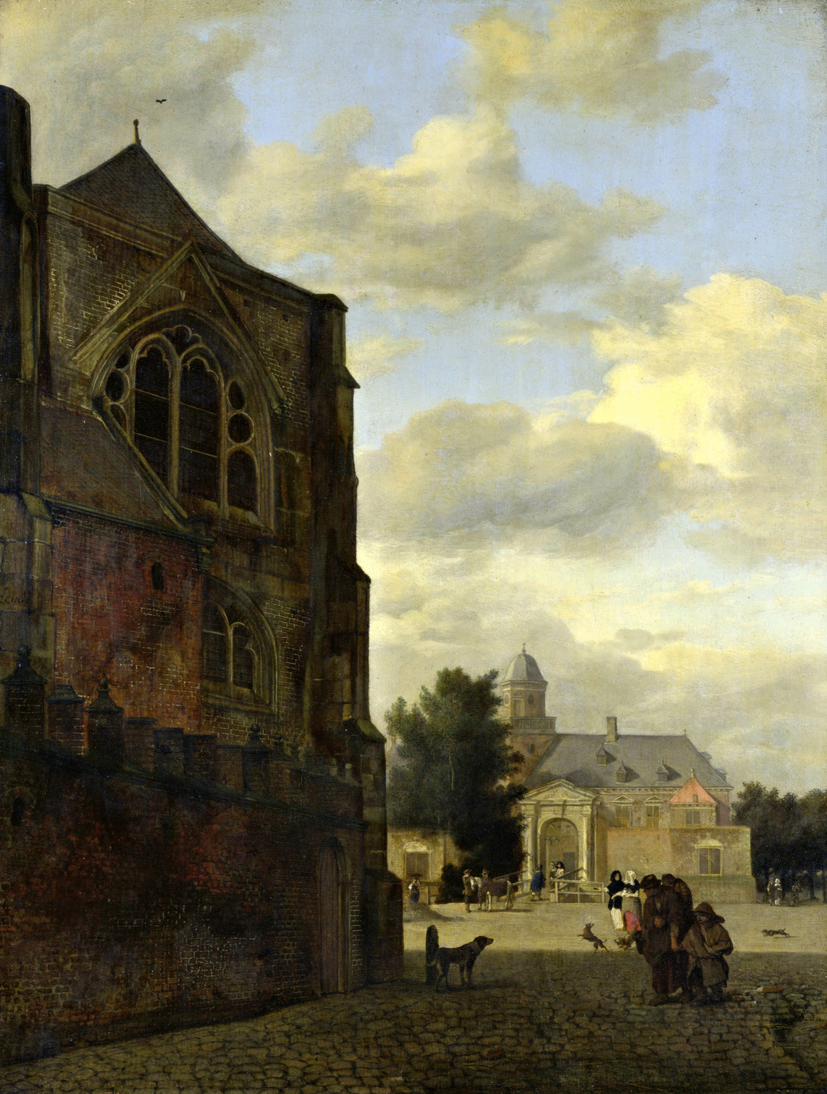 An Imaginary View of Nijenrode Castle by van der Heyden: a Gothic church in shade, a sunlit castle across a cobbled street