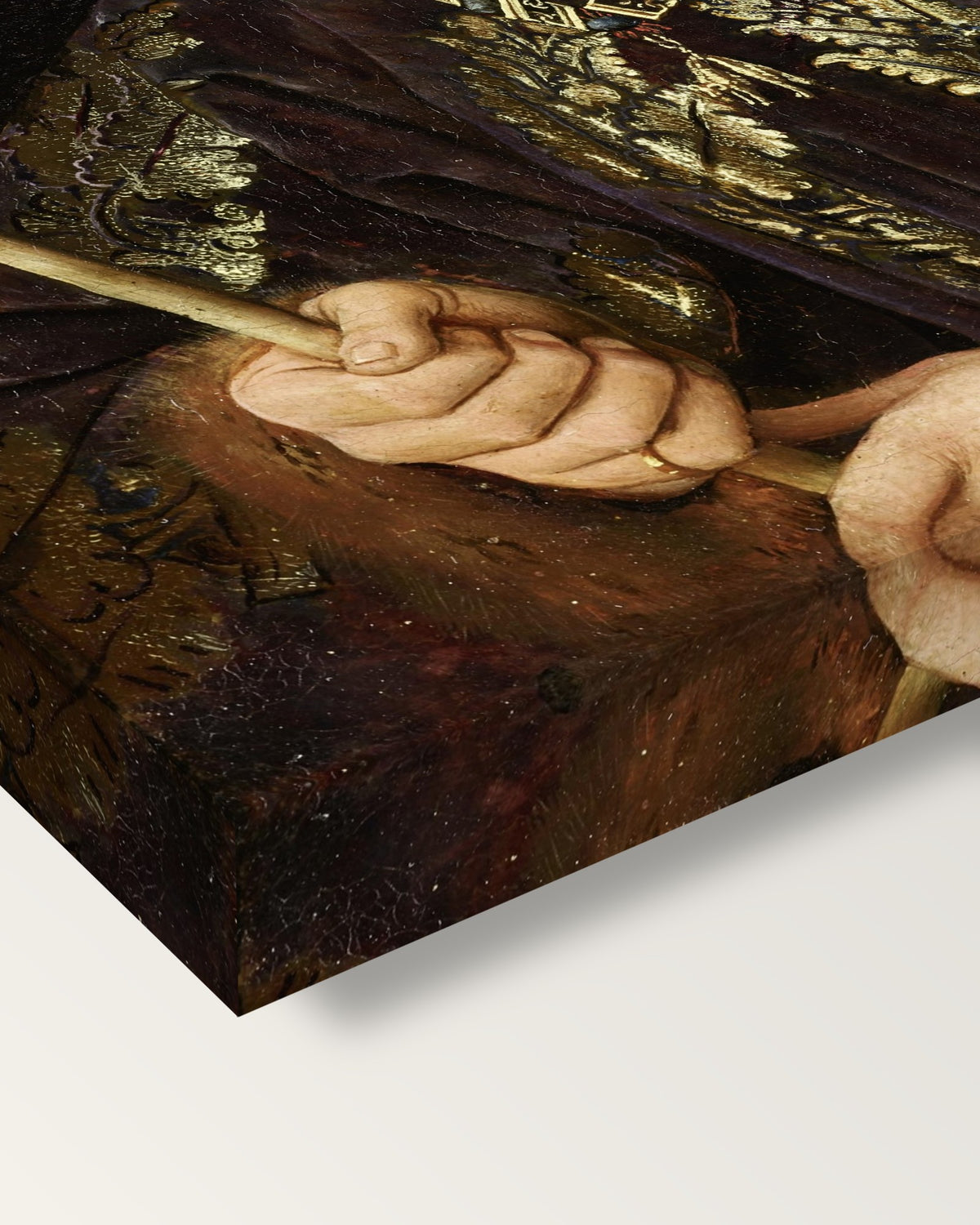 Baudouin de Lannoy by Jan van Eyck on stretched canvas, corner close-up: the painting mirror-wrapped round the sides