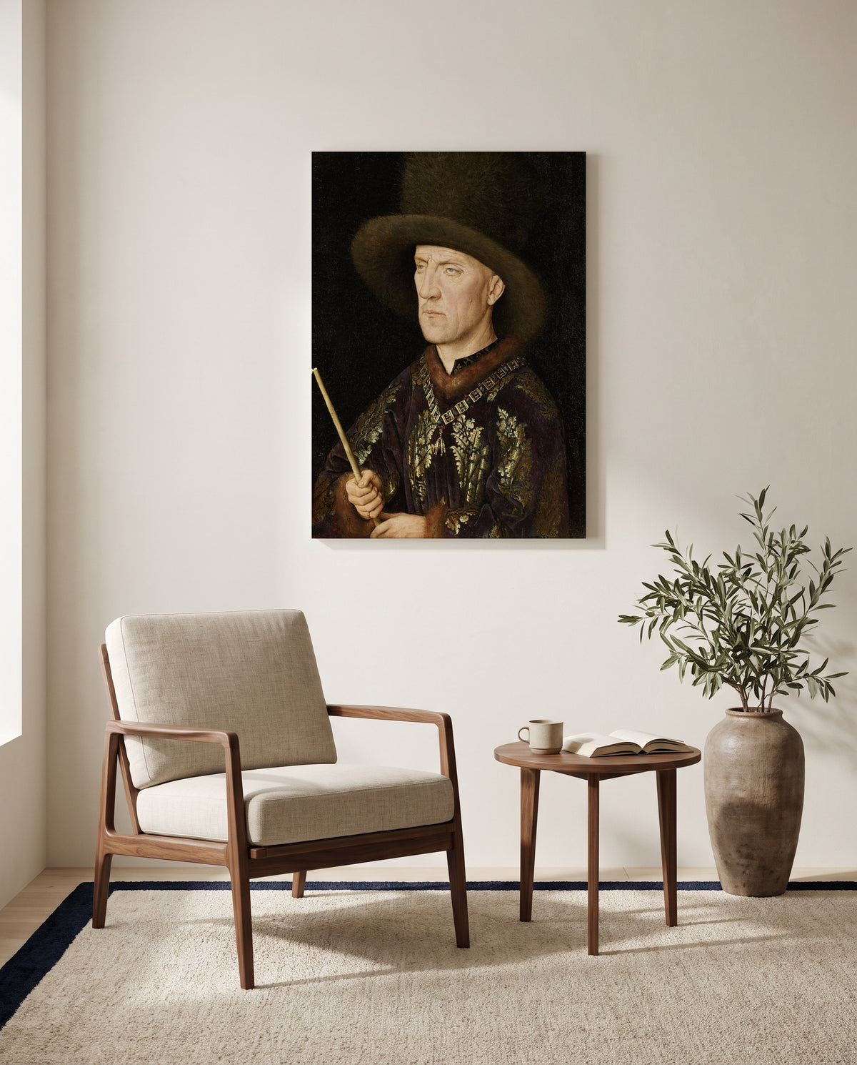 Baudouin de Lannoy by Jan van Eyck as a stretched canvas above a linen lounge chair in a reading corner