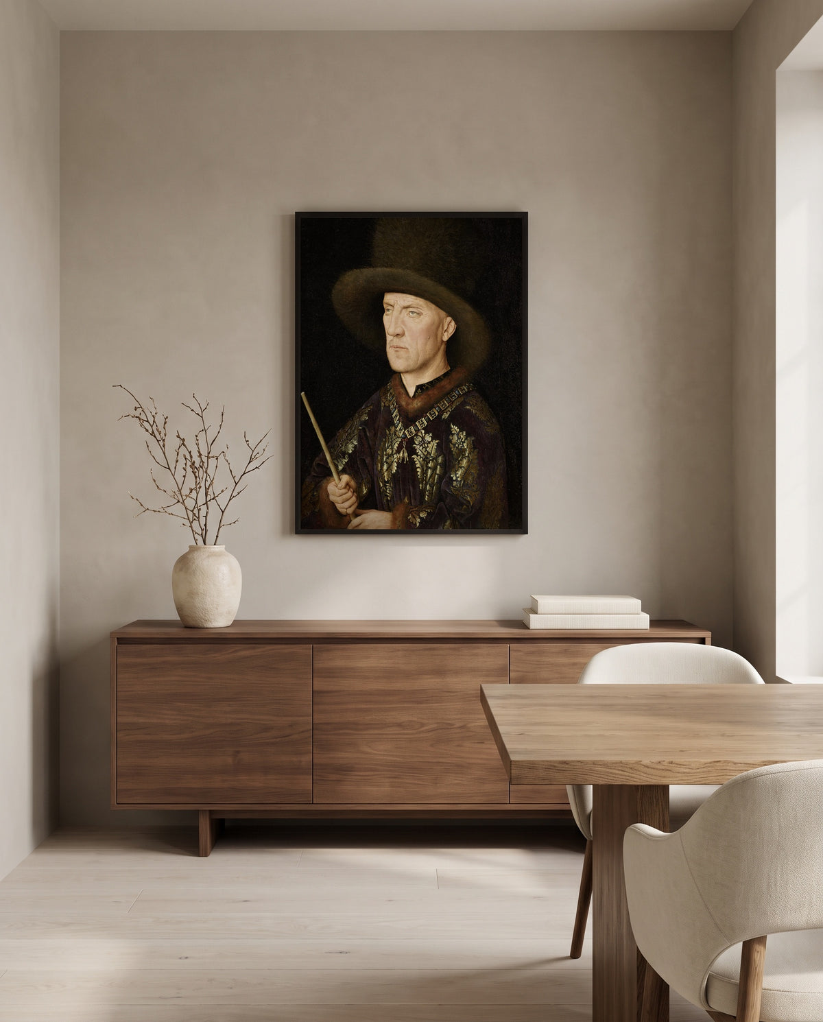 Baudouin de Lannoy by Jan van Eyck in a black frame above a walnut sideboard in a dining room