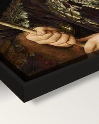 Baudouin de Lannoy by Jan van Eyck framed canvas, corner close-up: black floating frame, painted edge in the shadow gap