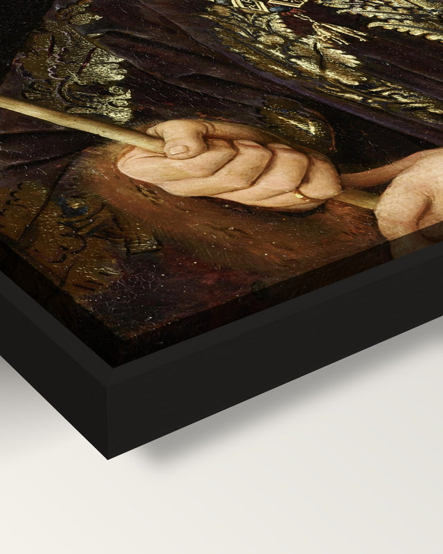 Baudouin de Lannoy by Jan van Eyck framed canvas, corner close-up: black floating frame, painted edge in the shadow gap
