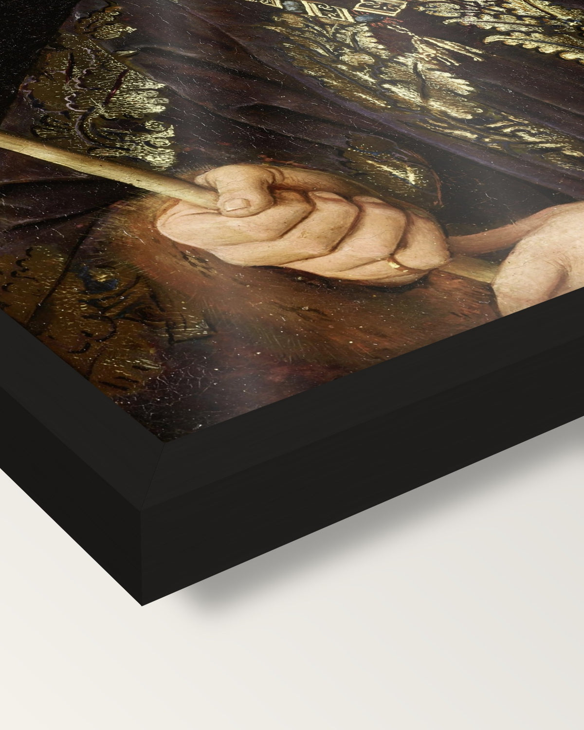 Baudouin de Lannoy by Jan van Eyck framed print, corner close-up: black moulding, edge to edge under plexiglass, no mat