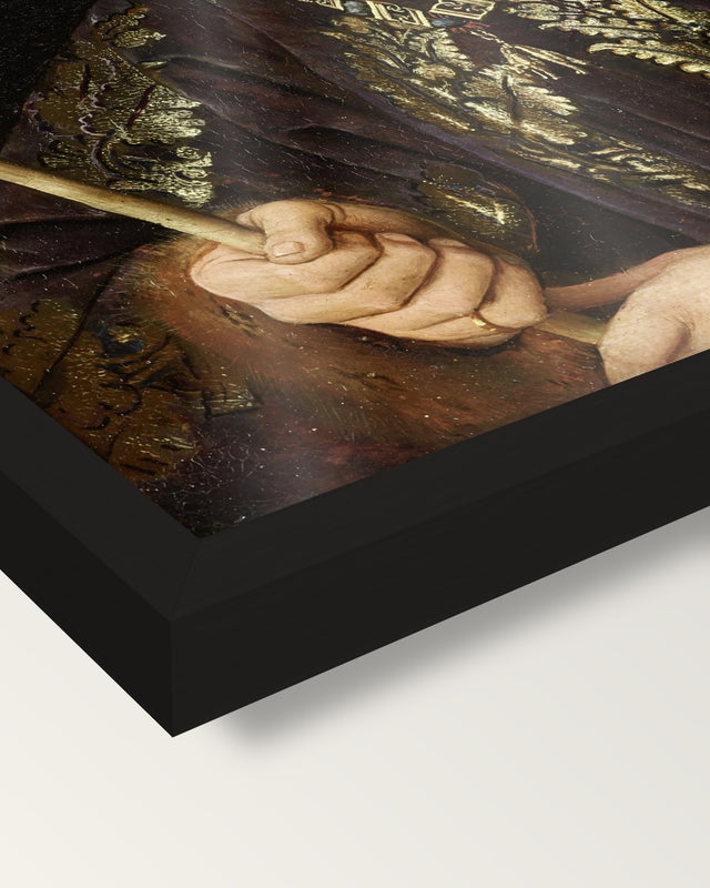 Baudouin de Lannoy by Jan van Eyck framed print, corner close-up: black moulding, edge to edge under plexiglass, no mat