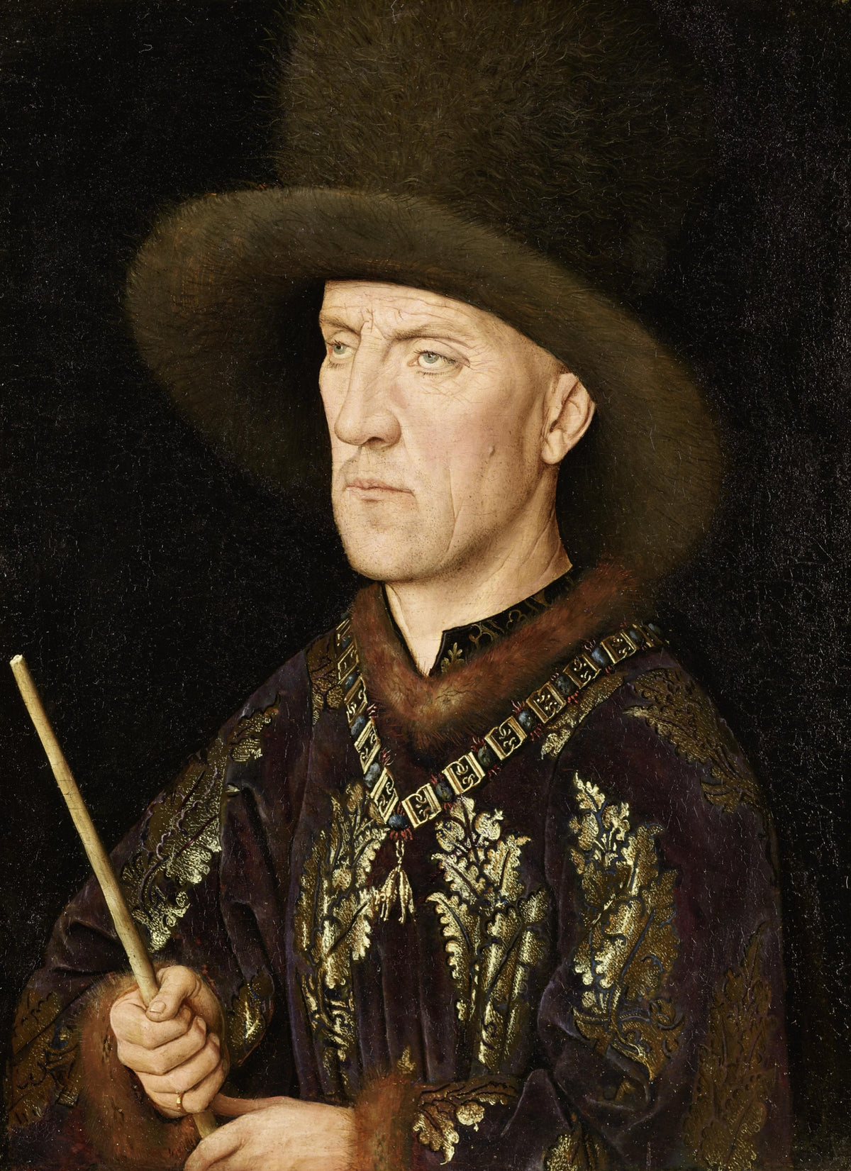 Portrait of Baudouin de Lannoy by Jan van Eyck: a stern man in a tall black fur hat and gold brocade, holding a white staff