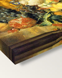 Flowers and Fruit (1723) by Jan van Huysum on stretched canvas, corner close-up: the painting mirror-wrapped round the sides