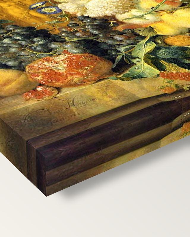 Flowers and Fruit (1723) by Jan van Huysum on stretched canvas, corner close-up: the painting mirror-wrapped round the sides