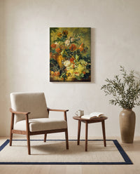 Flowers and Fruit (1723) by Jan van Huysum as a stretched canvas above a linen lounge chair in a reading corner