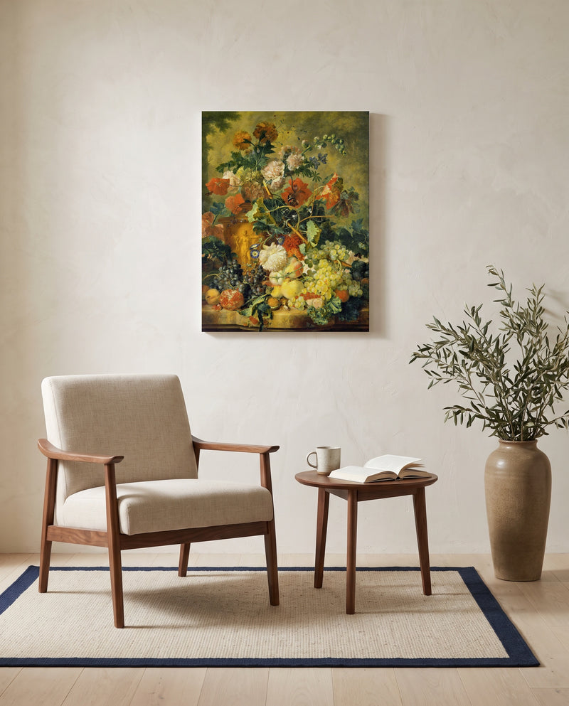 Flowers and Fruit (1723) by Jan van Huysum as a stretched canvas above a linen lounge chair in a reading corner