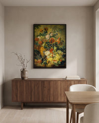 Flowers and Fruit (1723) by Jan van Huysum in a black frame above a walnut sideboard in a dining room