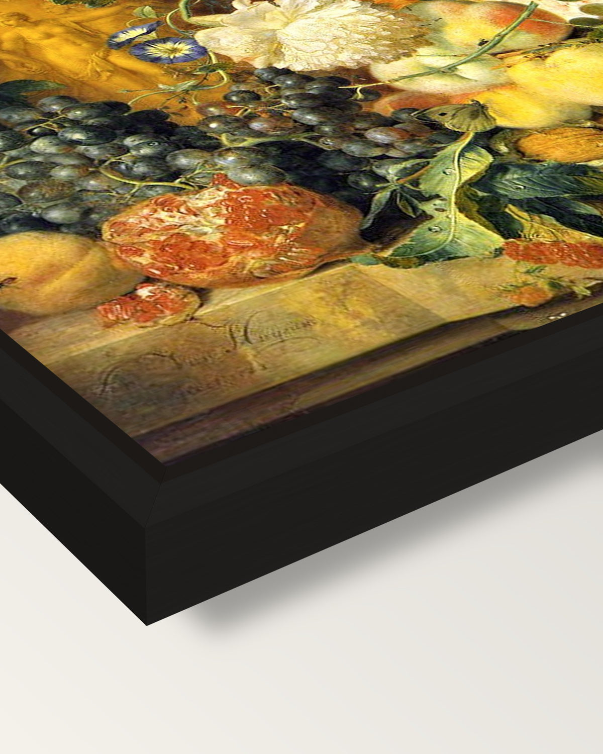Flowers and Fruit (1723) by van Huysum framed canvas, corner close-up: a black floating frame, shadow gap