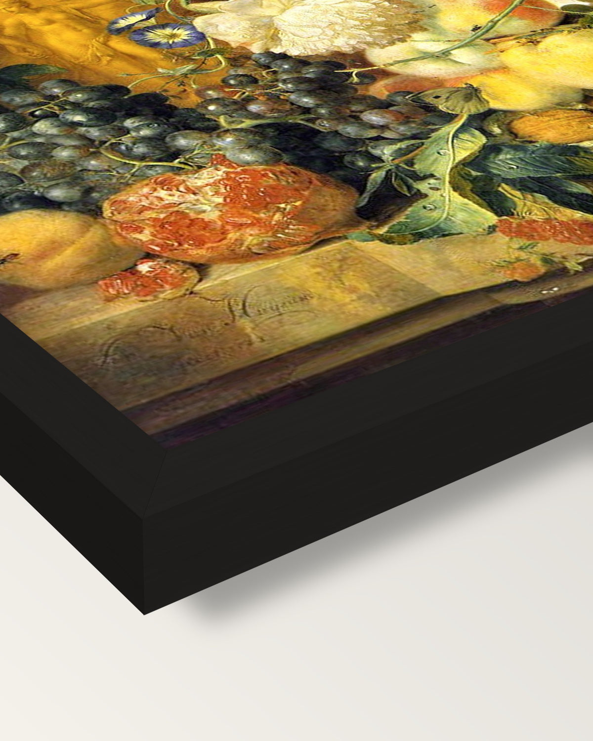 Flowers and Fruit (1723) by van Huysum framed print, corner close-up: black moulding, mitred