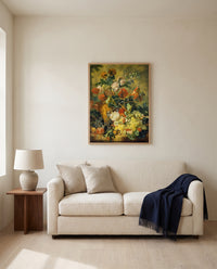 Flowers and Fruit (1723) by Jan van Huysum framed in natural oak above a cream sofa in a warm living room