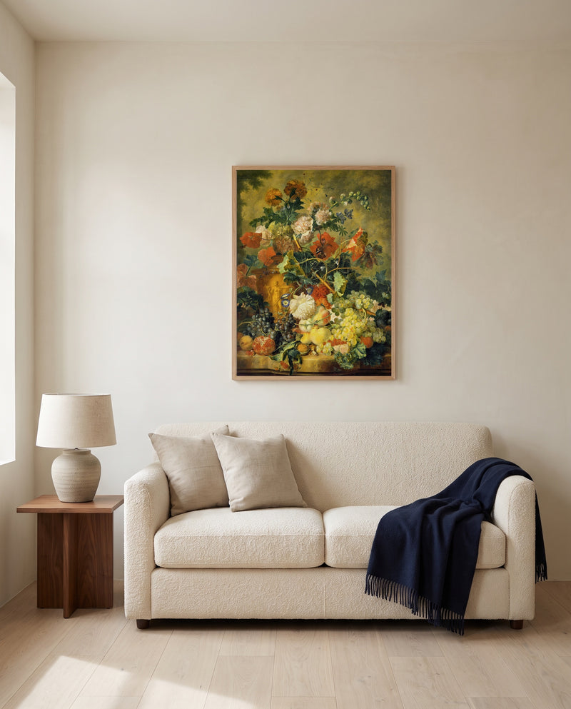 Flowers and Fruit (1723) by Jan van Huysum framed in natural oak above a cream sofa in a warm living room