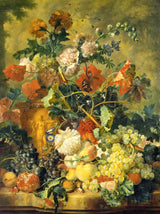 Flowers and Fruit by Jan van Huysum: hollyhocks and poppies in a terracotta vase above grapes and fruit on a marble ledge