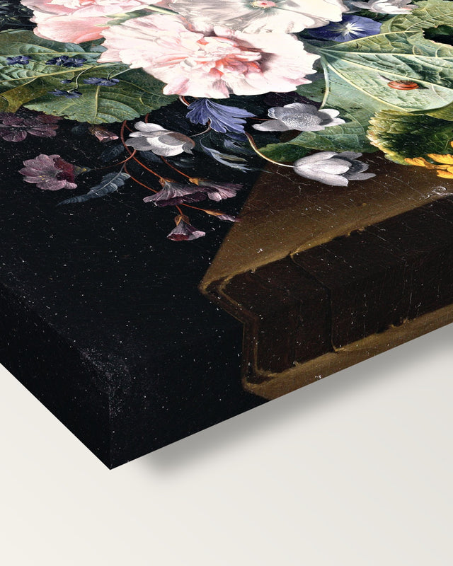 Hollyhocks in a Vase by Jan van Huysum on stretched canvas, corner close-up: the painting mirror-wrapped round the sides