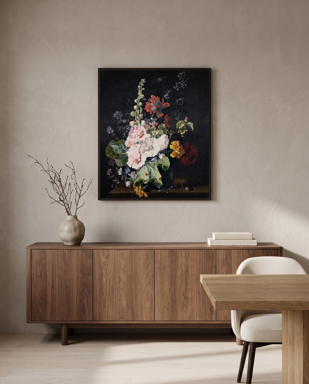 Hollyhocks in a Vase by Jan van Huysum in a black frame above a walnut sideboard in a dining room
