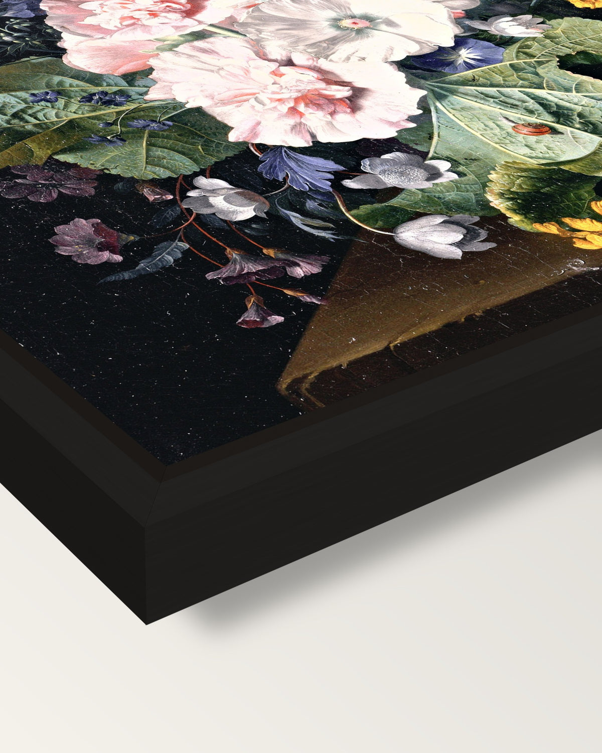 Hollyhocks in a Vase by van Huysum framed canvas, corner close-up: a black floating frame with a shadow gap round the canvas