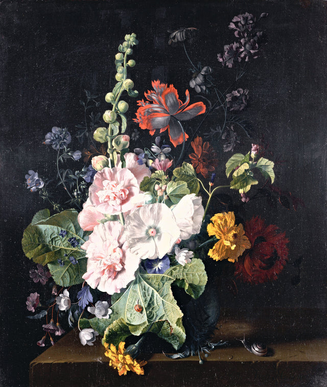 Hollyhocks and Other Flowers by Jan van Huysum: pink hollyhocks, white and red poppies and marigolds in a vase, dark ground