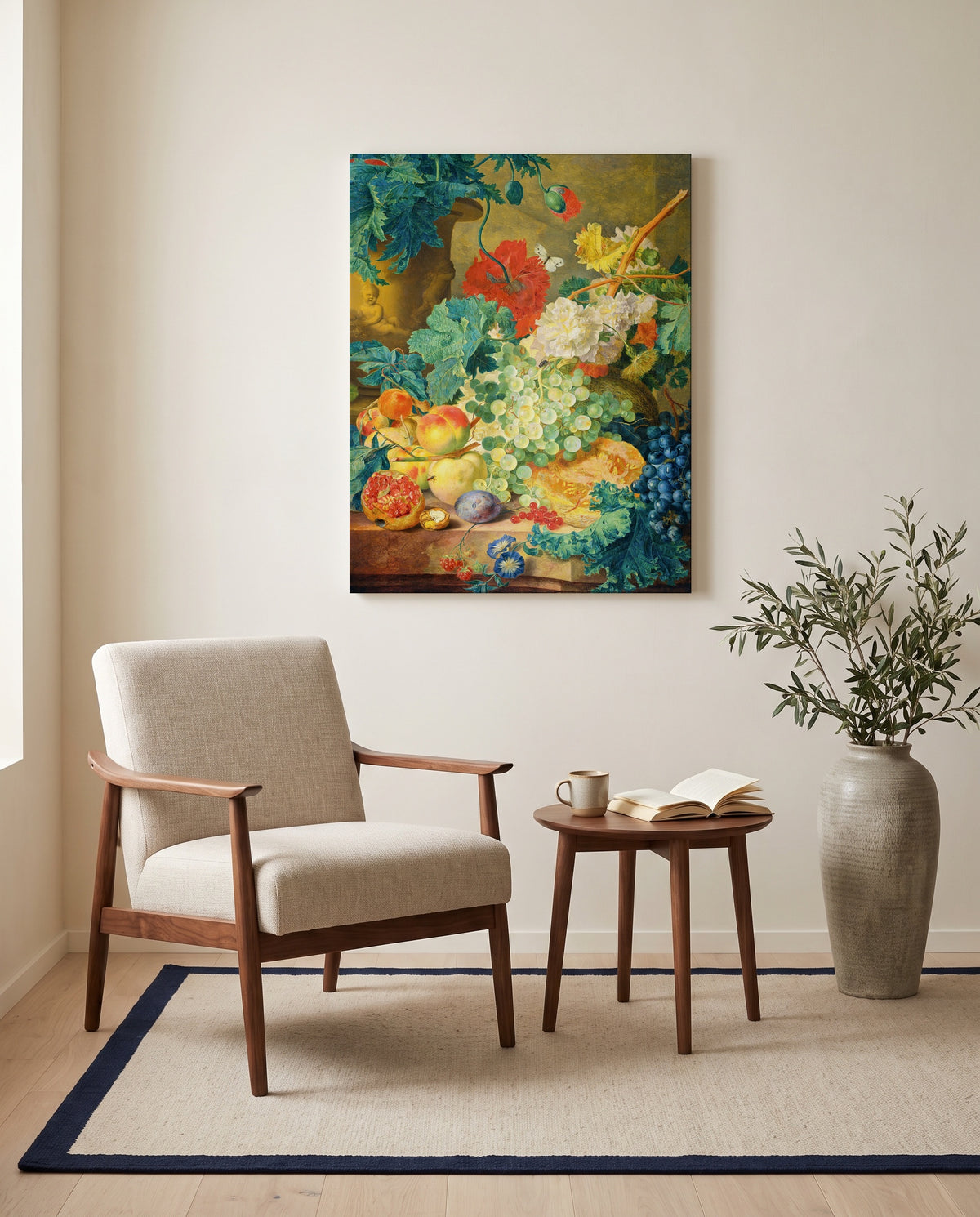 Flowers and Fruit (1728) by Jan van Huysum as a stretched canvas above a linen lounge chair in a reading corner