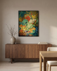 Flowers and Fruit (1728) by Jan van Huysum in a black frame above a walnut sideboard in a dining room