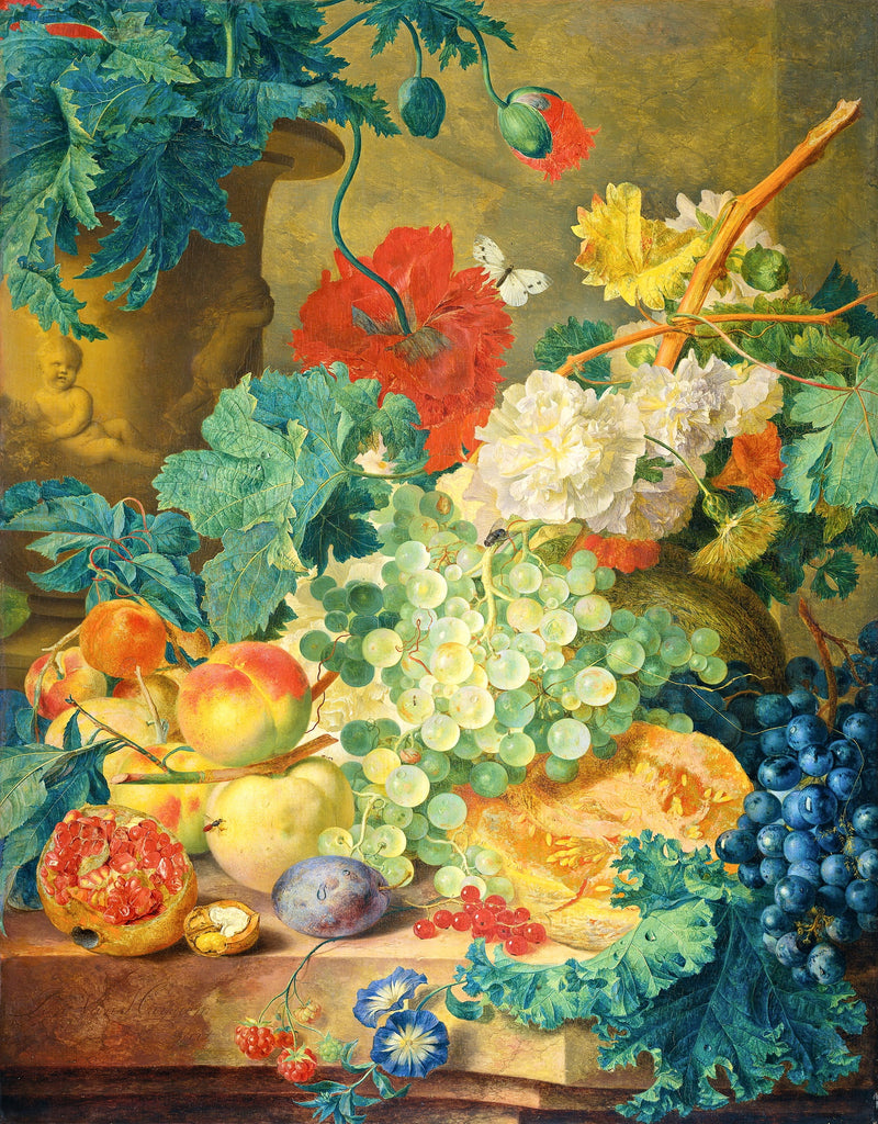 Still Life with Flowers and Fruit by Jan van Huysum: white and blue grapes, a melon, a pomegranate and peaches below poppies