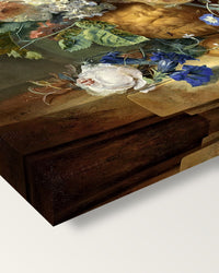 Still Life with Flowers by Jan van Huysum on stretched canvas, corner close-up: the painting mirror-wrapped round the sides
