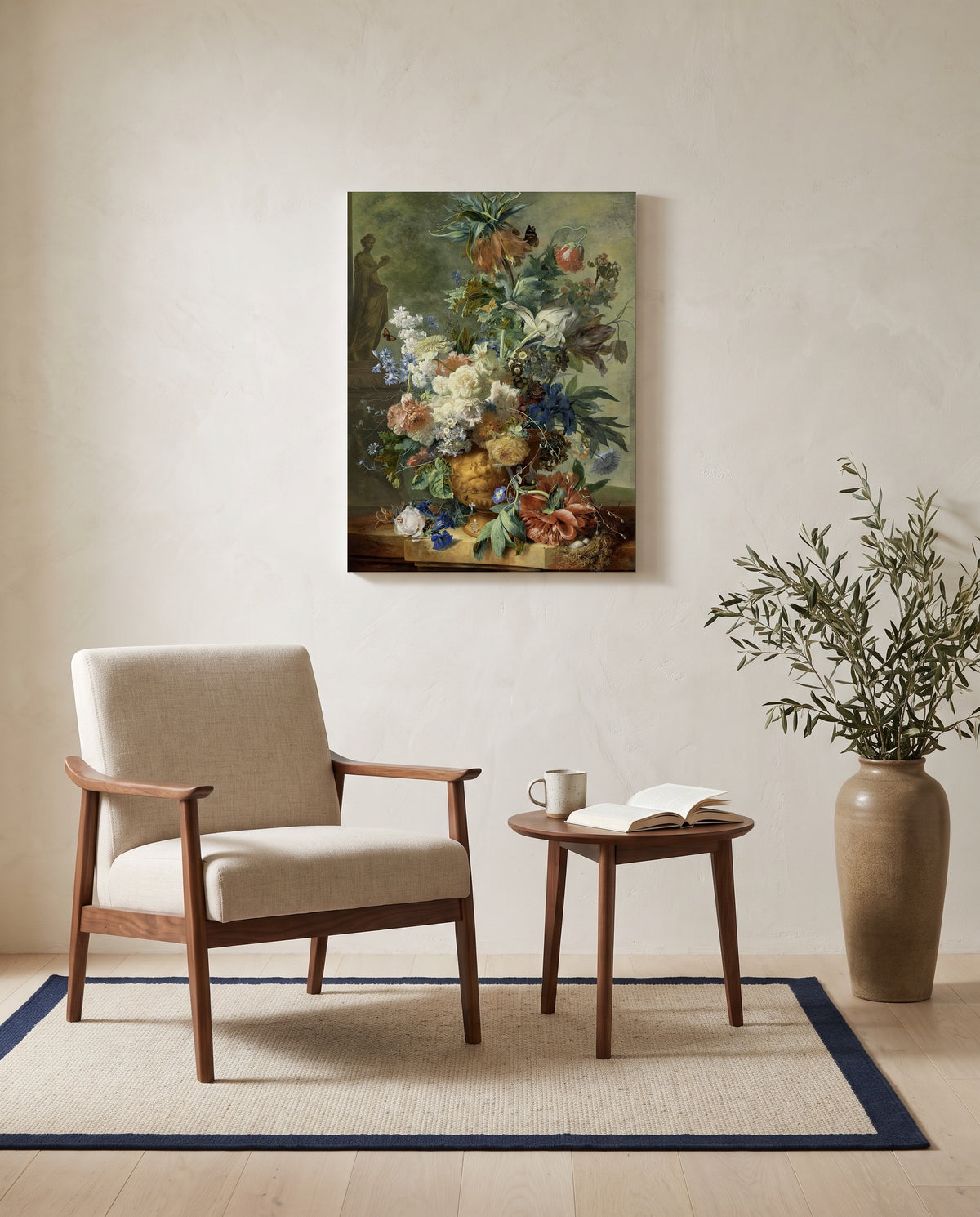 Still Life with Flowers by Jan van Huysum as a stretched canvas above a linen lounge chair in a reading corner