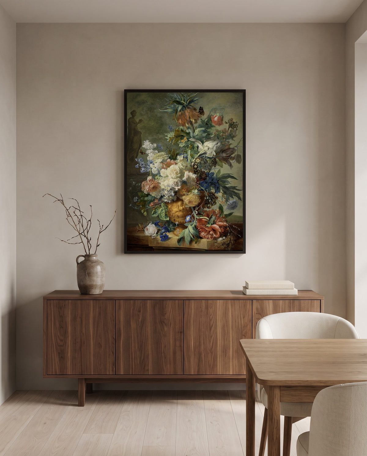Still Life with Flowers by Jan van Huysum in a black frame above a walnut sideboard in a dining room