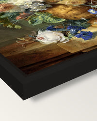Still Life with Flowers (1723) framed canvas, corner close-up: a black floating frame with a shadow gap round the canvas