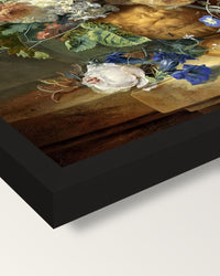 Still Life with Flowers (1723) framed print, corner close-up: black moulding, mitred, the print set just below its edge