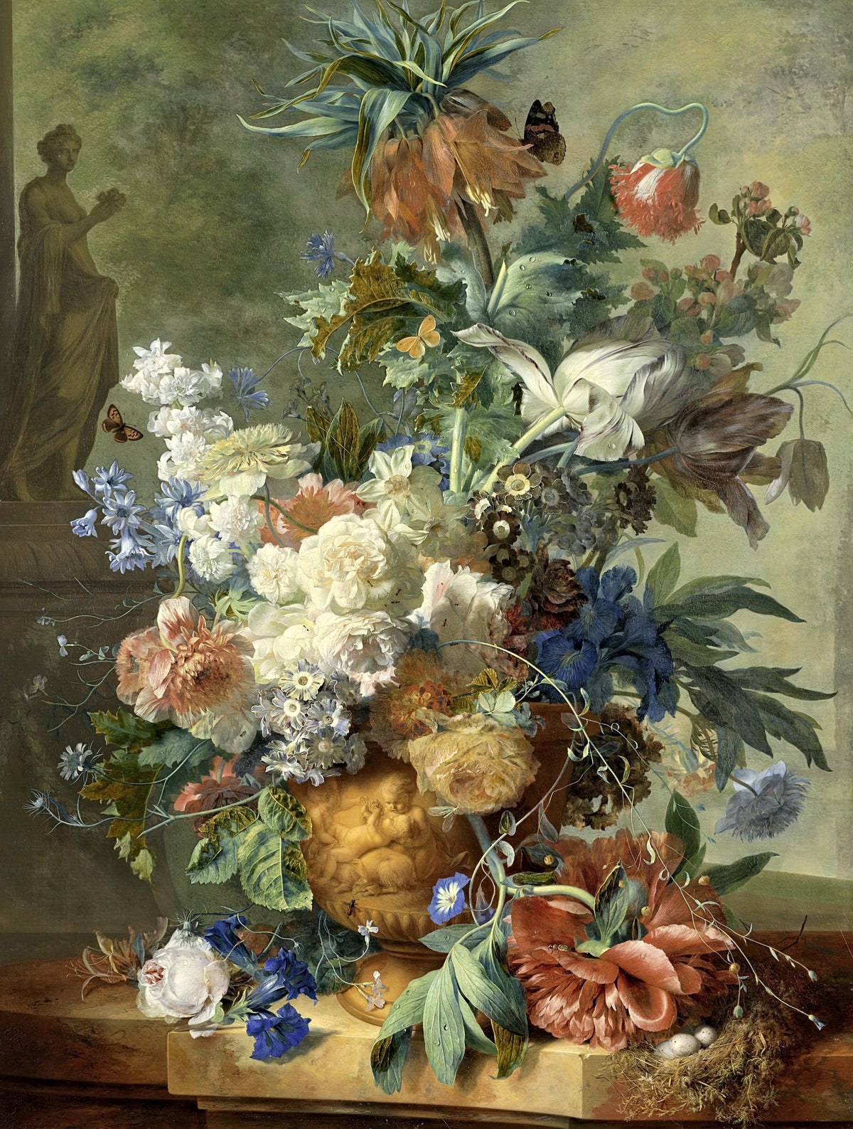 Still Life with Flowers by Jan van Huysum: roses, peonies and tulips in a terracotta vase outdoors, a nest on the ledge