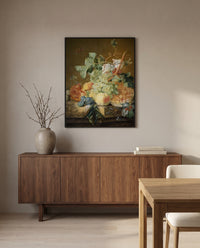 Still Life with Fruit by Jan van Huysum in a black frame above a walnut sideboard in a dining room