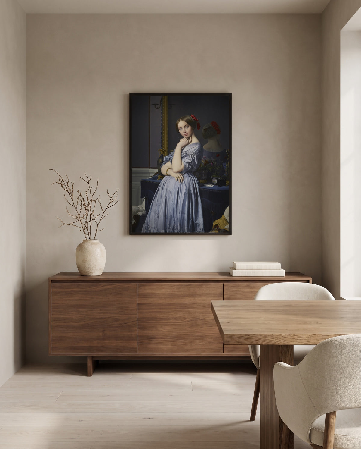 Comtesse d’Haussonville by Jean-Auguste-Dominique Ingres in a black frame above a walnut sideboard in a dining room