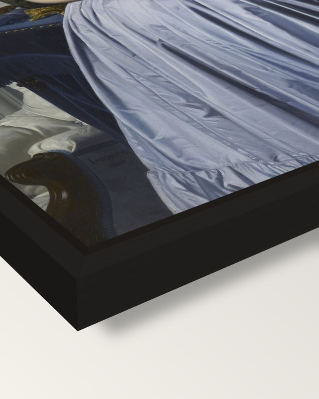 Comtesse d’Haussonville by Ingres framed canvas, corner close-up: a black floating frame with a shadow gap round the canvas