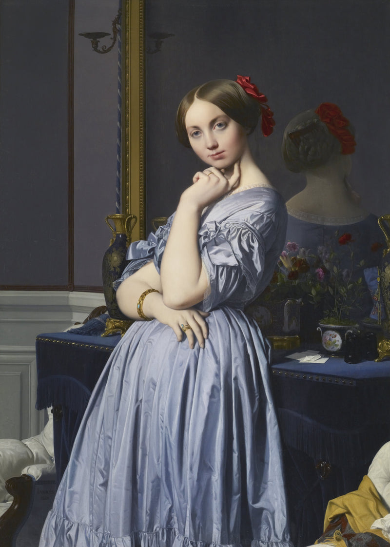 Comtesse d’Haussonville by Ingres: a young woman in grey-blue satin, a finger at her chin, reflected in a mirror behind