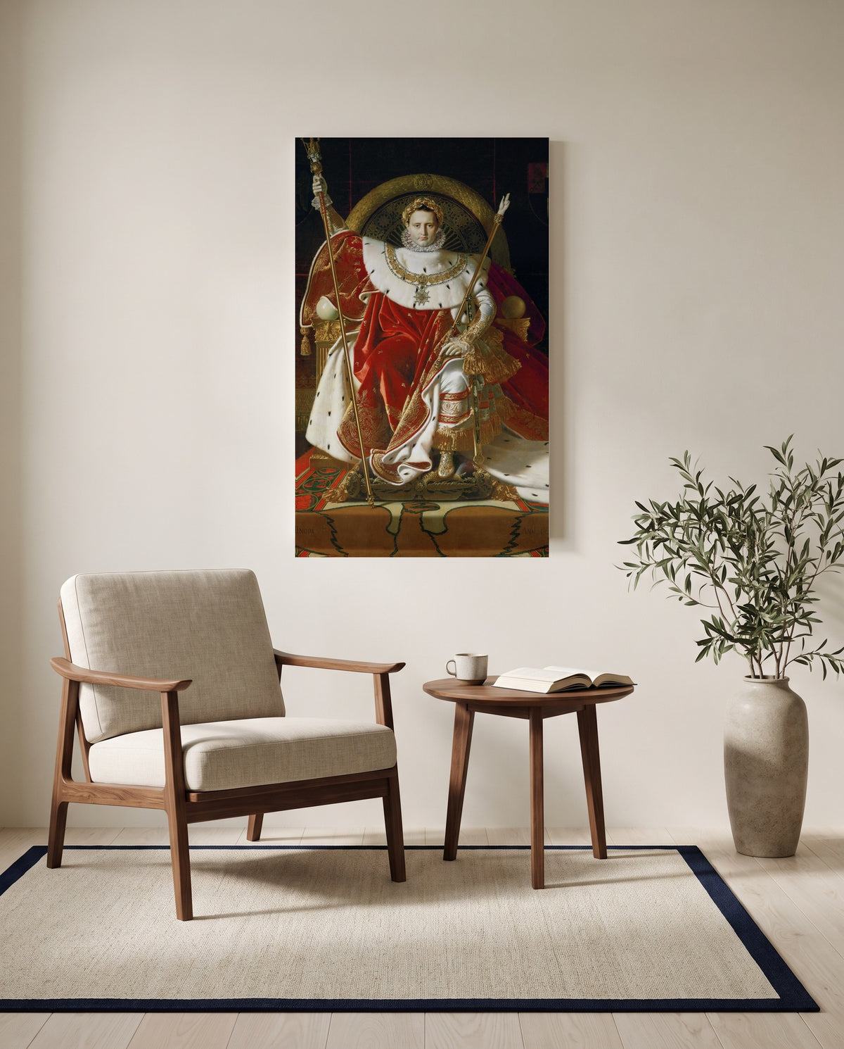 Napoleon on His Throne by Jean-Auguste-Dominique Ingres as a stretched canvas above a linen lounge chair in a reading corner