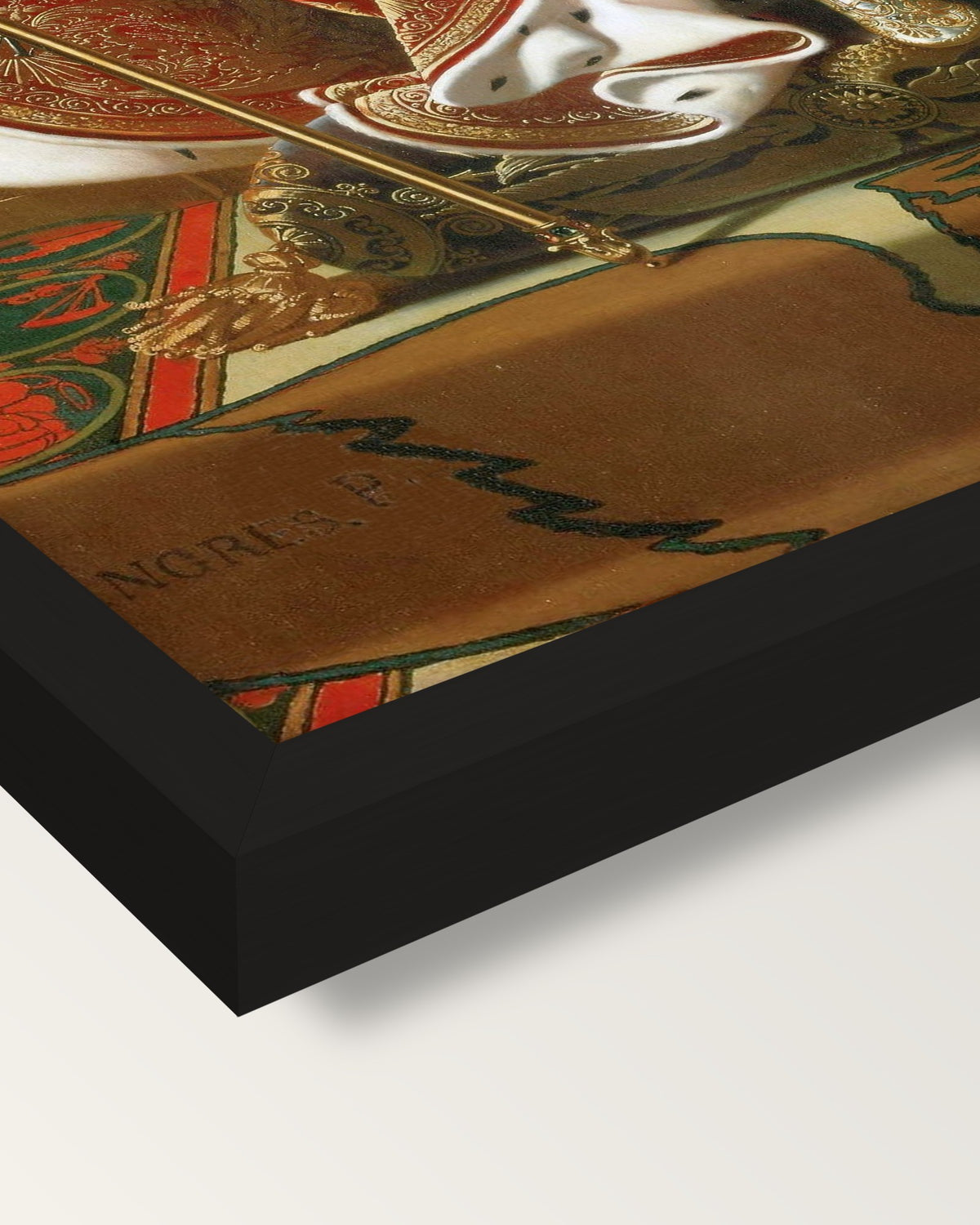 Napoleon on His Throne by Ingres framed print, corner close-up: black moulding, mitred, the print set just below its edge