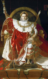 Napoleon on his throne by Ingres: Napoleon in red velvet and ermine robes with a golden laurel wreath, holding two sceptres