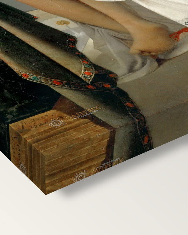 The Valpinçon Bather by Ingres on stretched canvas, corner close-up: the painting mirror-wrapped round the sides