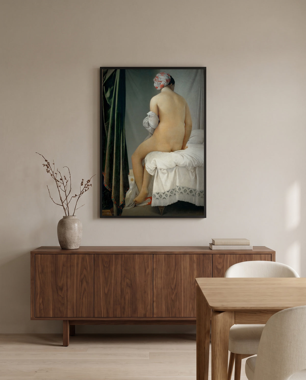 The Valpinçon Bather by Jean-Auguste-Dominique Ingres in a black frame above a walnut sideboard in a dining room