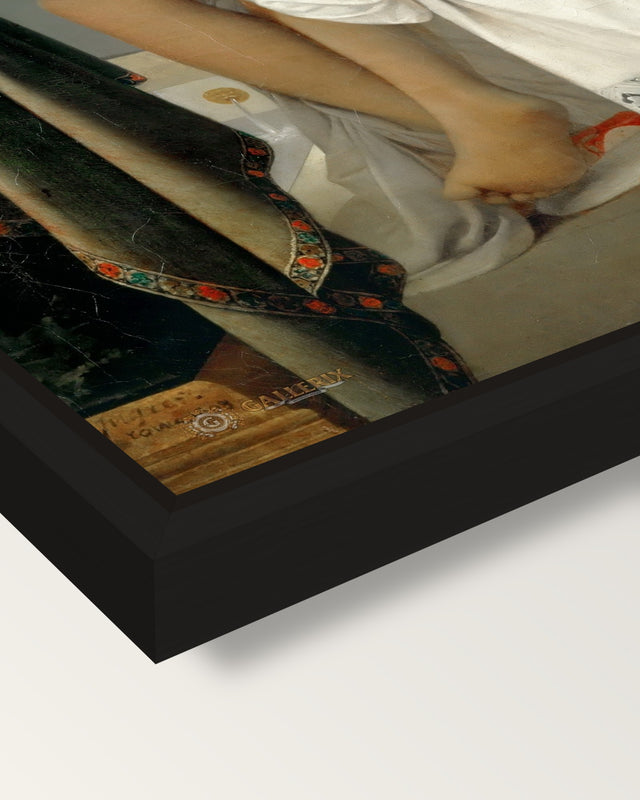 The Valpinçon Bather by Ingres framed canvas, corner close-up: a black floating frame with a shadow gap round the canvas
