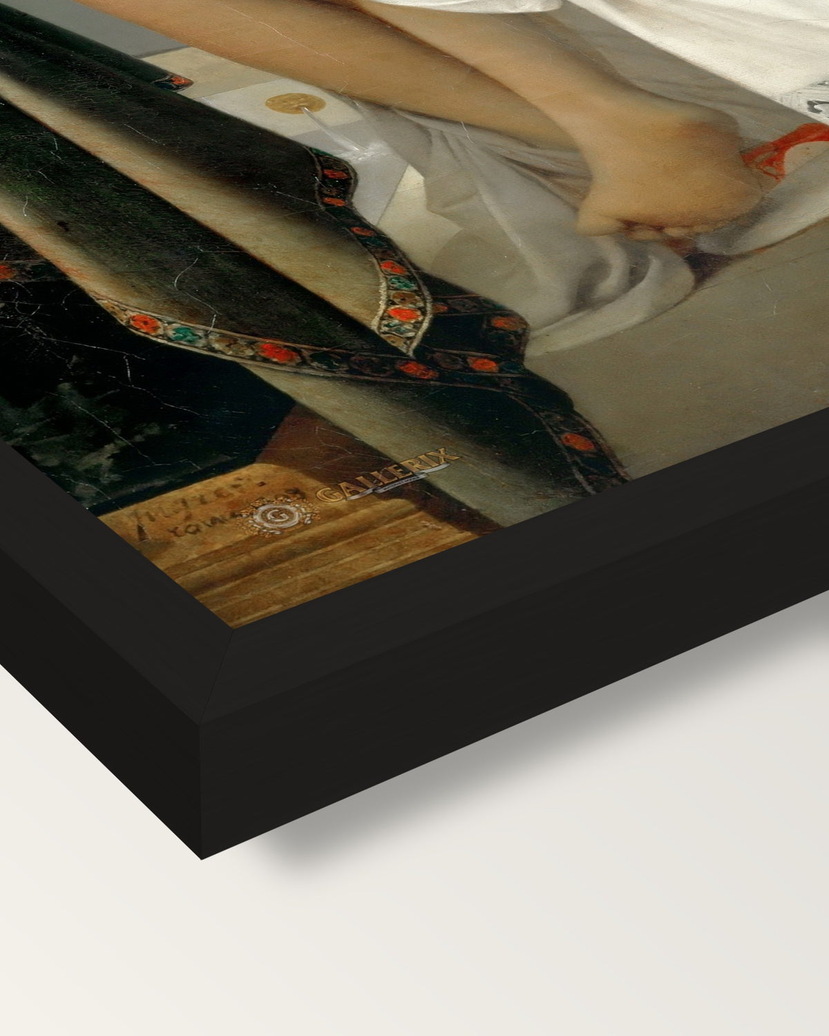 The Valpinçon Bather by Ingres framed print, corner close-up: black moulding, mitred, the print set just below its edge