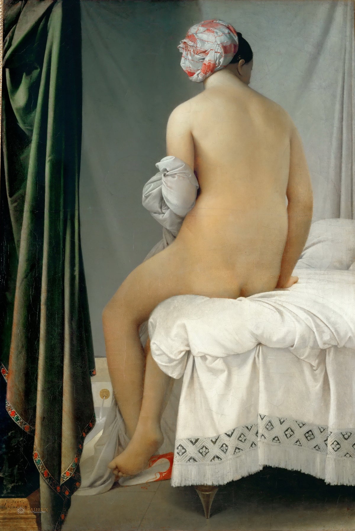 The Valpinçon Bather by Ingres: a nude woman seen from behind, seated on a white bed, a striped turban on her head