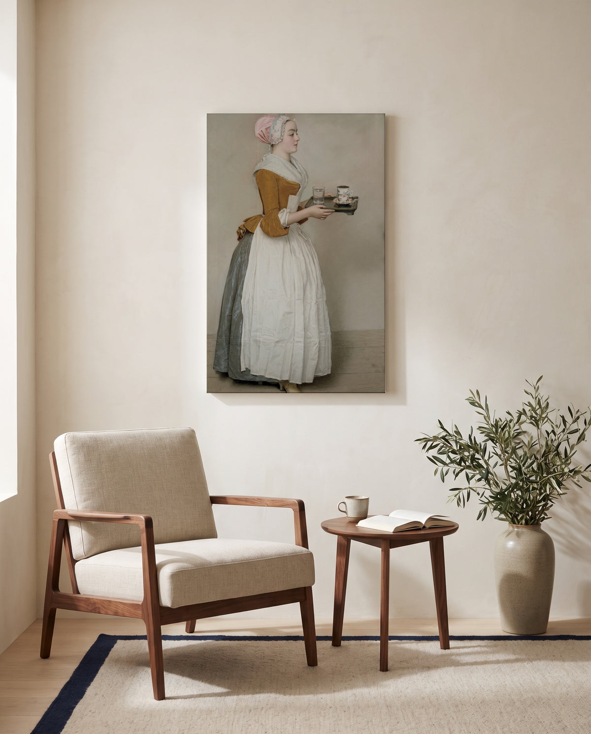 The Chocolate Girl by Jean-Étienne Liotard as a stretched canvas above a linen lounge chair in a reading corner